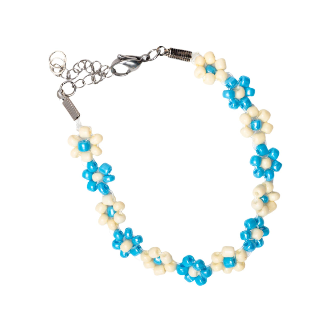 Glass Light Blue/Beige Flower Bracelet w/ Silver Lobster Clasp - DL Jewelry Designs