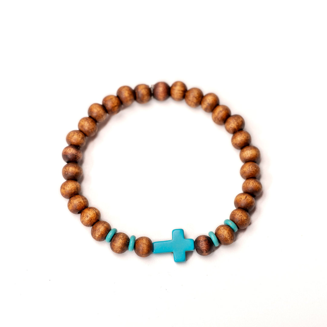 Hand - Stained Wood w Turquoise Stone Cross Bracelet - DL Jewelry Designs