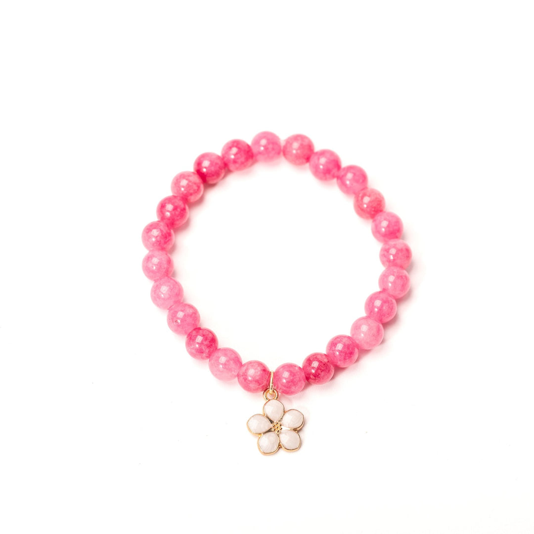 Pink Glass Bead w Pearl Flower Charm Bracelet - DL Jewelry Designs