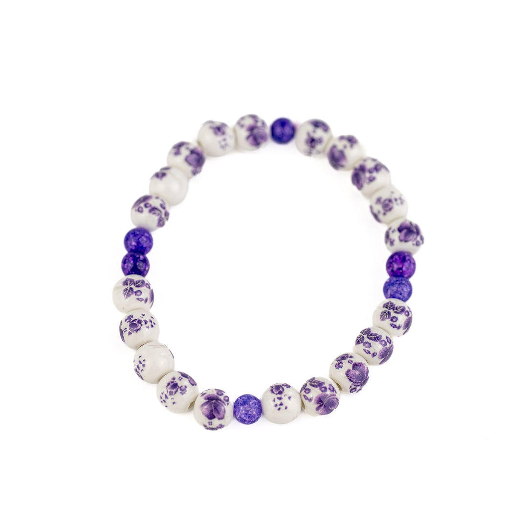 Purple Flowers on White Ceramic Bead Bracelet - DL Jewelry Designs