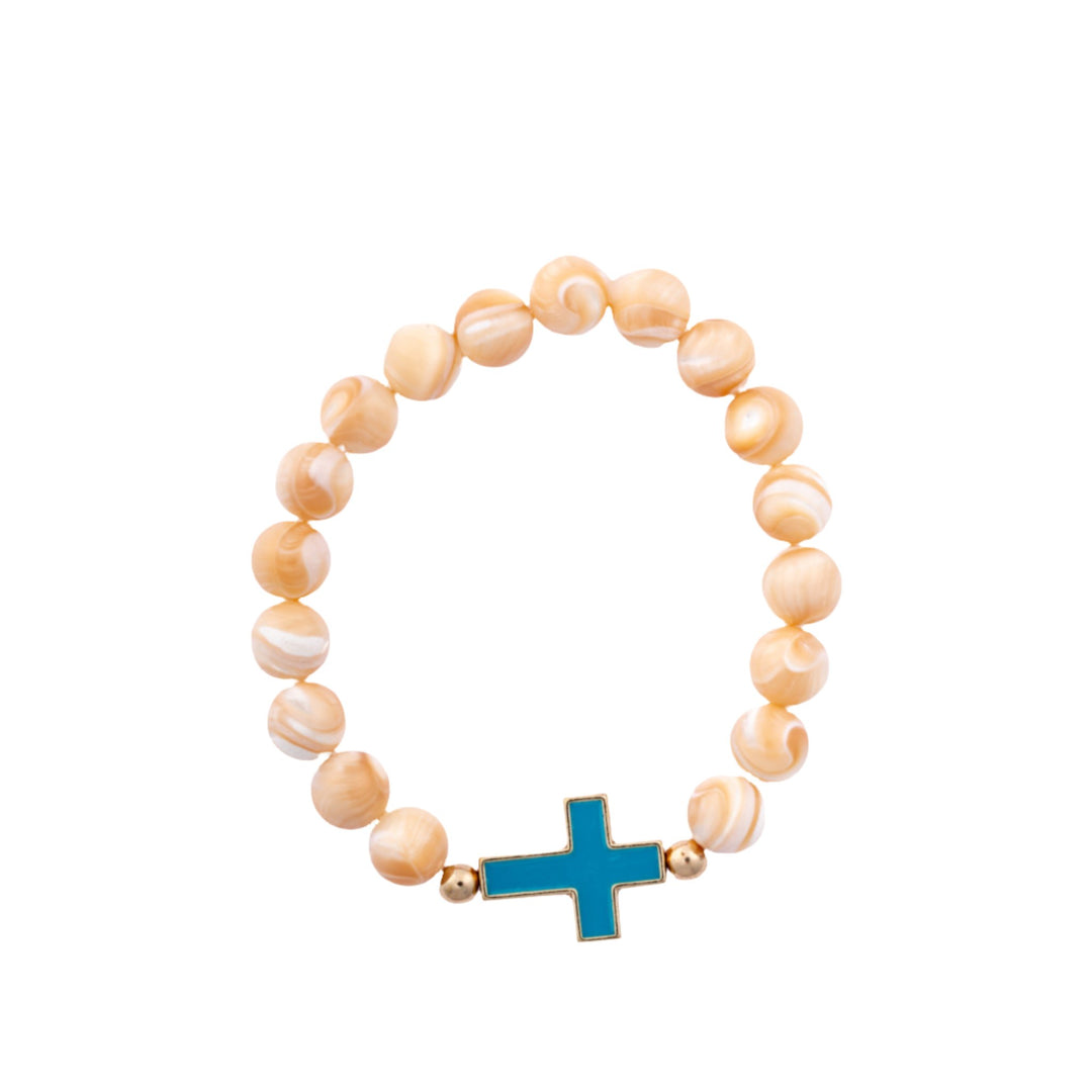 Tan & White Stone w/ Blue Enamel Cross Bracelet - DL Jewelry Designs