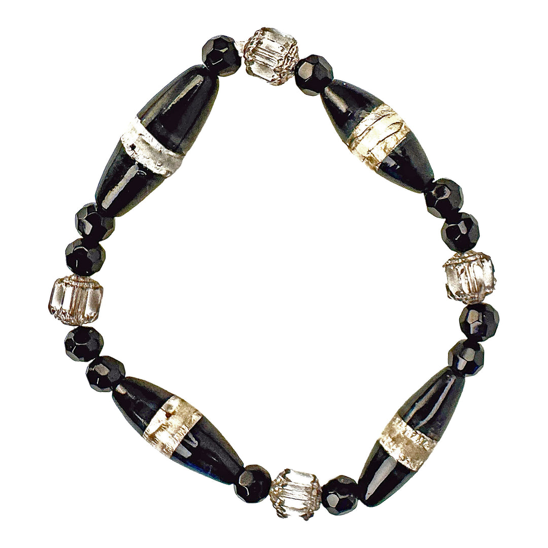 Black &amp; Silver Geometric Glass Stretch Bracelet
