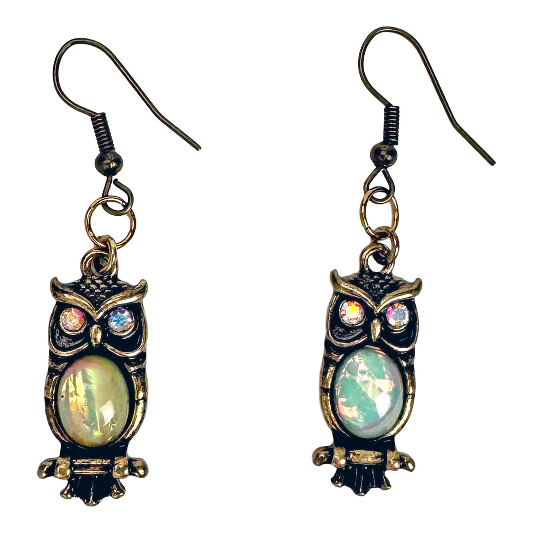 Antique Gold-Tone Owl Earrings w/ Opal Stone Centers - DL Jewelry Designs