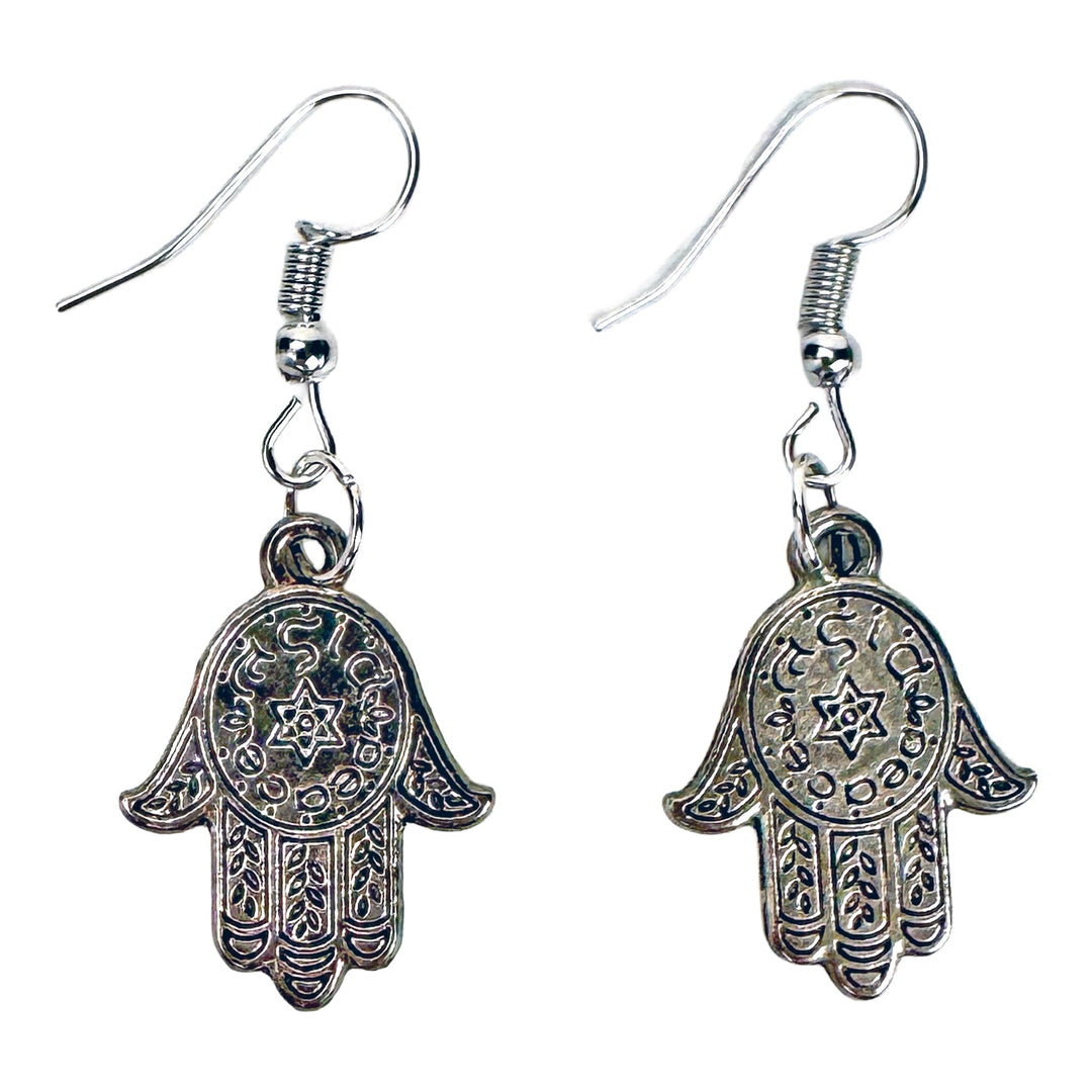 Antique Silver-Tone Hamsa Hand Dangle Earrings - DL Jewelry Designs