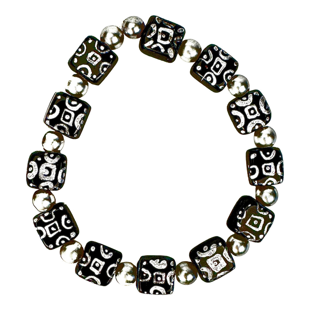 Black Geometric Glass &amp; Silver-Tone Stretch Bracelet - DL Jewelry Designs