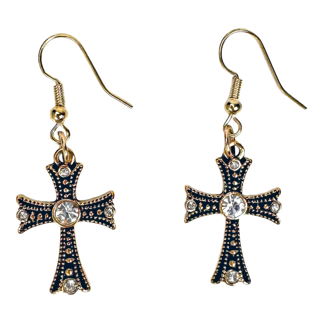 Black &amp; Gold-Tone Crystal Cross Dangle Earrings - DL Jewelry Designs