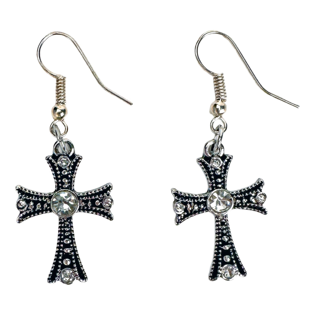 Black &amp; Silver-Tone Gothic Crystal Cross Earrings - DL Jewelry Designs