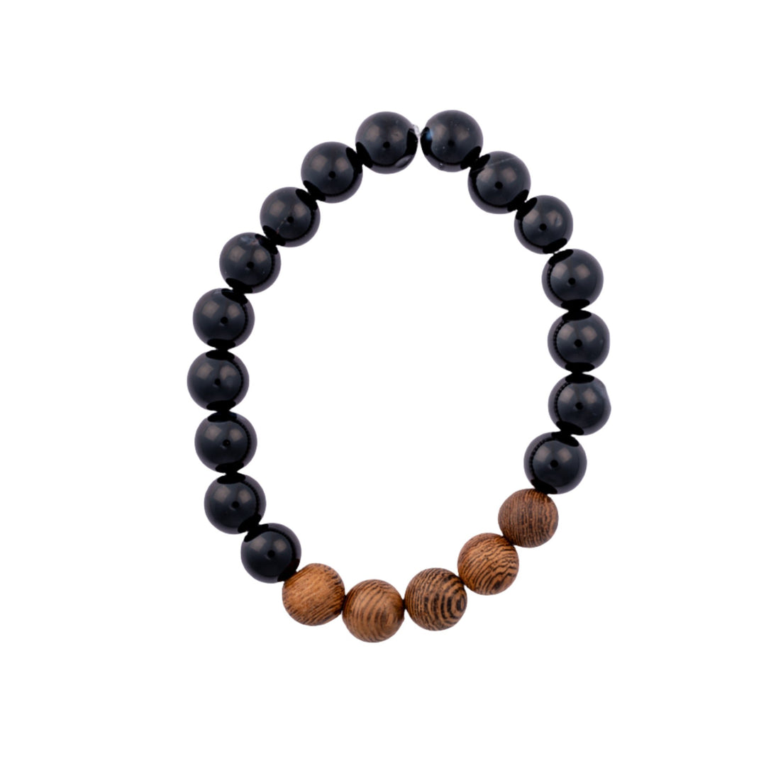 Black Stone Bead w/ Wood Bead Bracelet - DL Jewelry Designs