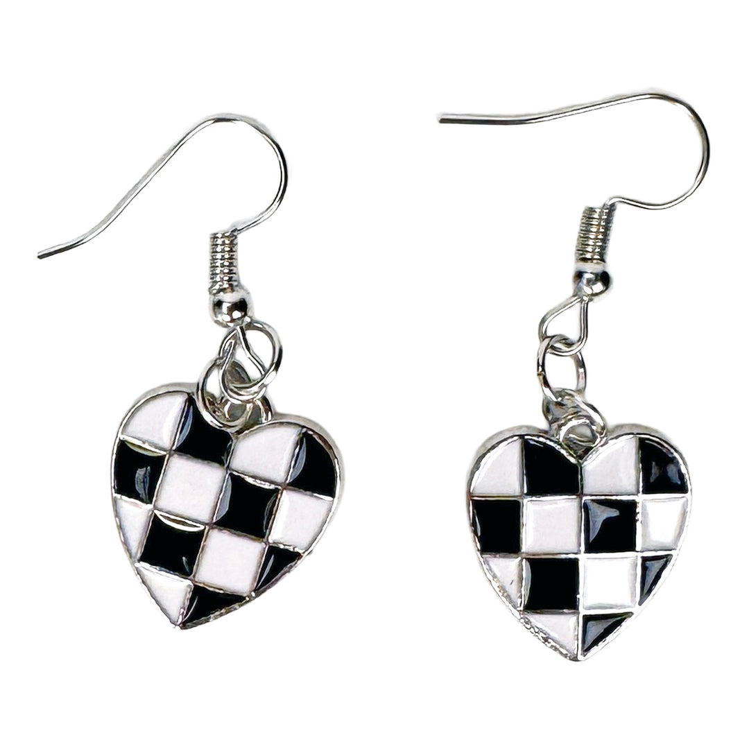 Black & White Checkered Flag Ceramic Heart Dangle Earrings - DL Jewelry Designs