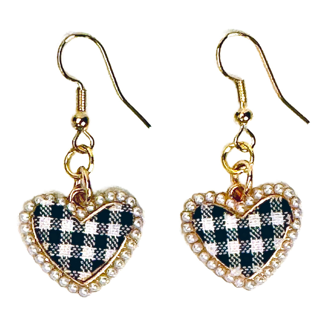 Black &amp; White Gingham Heart Earrings w/ Beaded Border - DL Jewelry Designs
