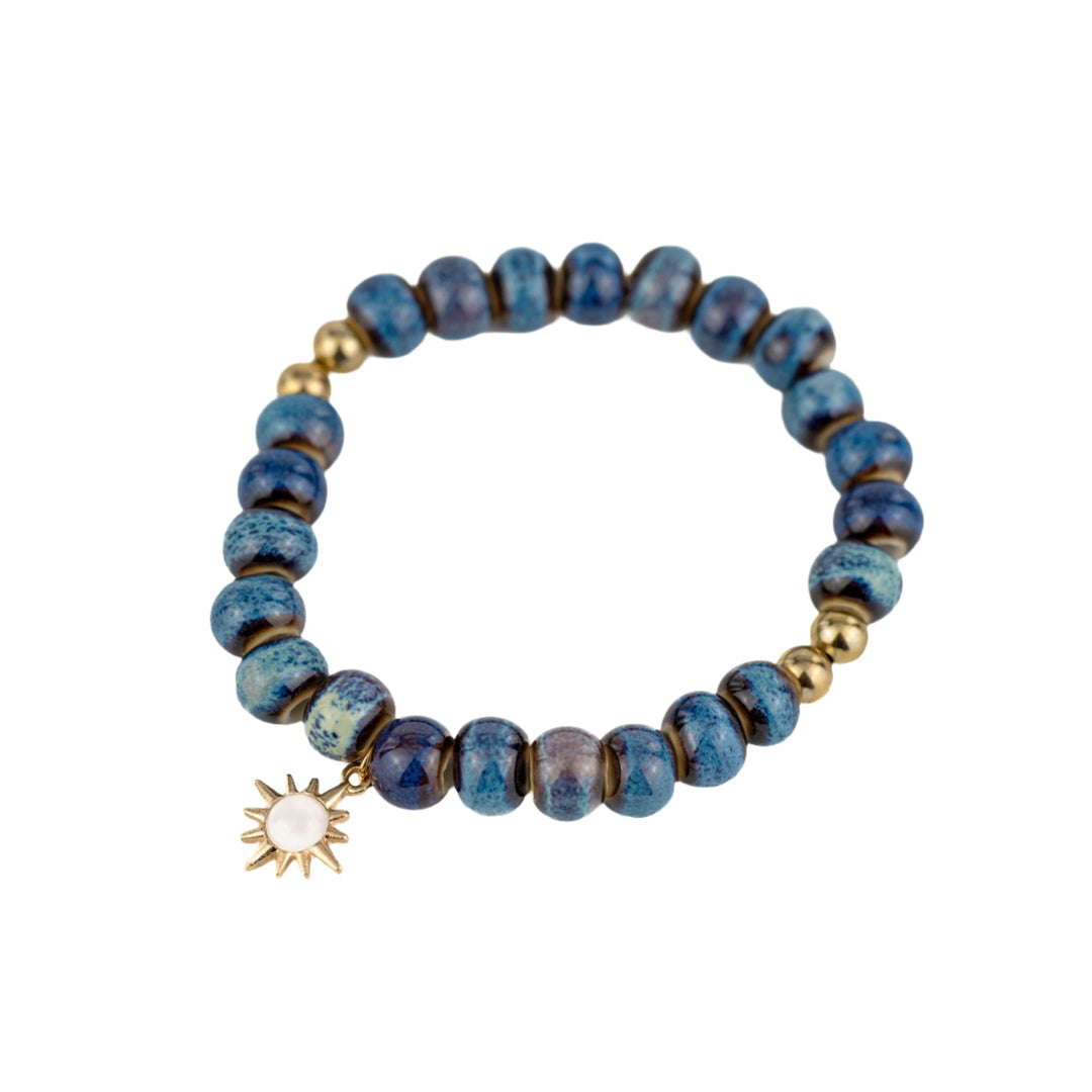 Blue Ceramic Bead w/ Opal Sunburst Charm Bracelet - DL Jewelry Designs