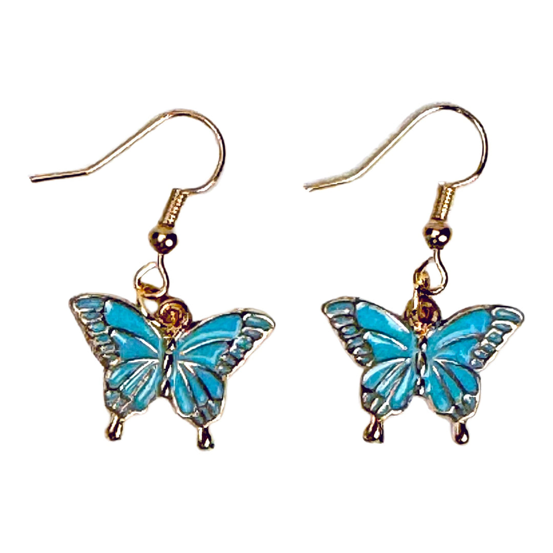 Blue Ceramic Butterfly Dangle Earrings w/ Gold-Plated Metal - DL Jewelry Designs