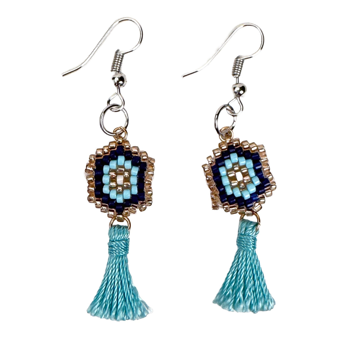 Blue Geometric Bead &amp; Tassel Dangle Earrings - DL Jewelry Designs