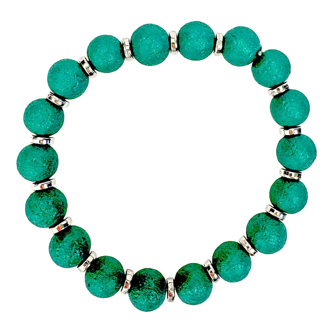 Blue-Green Clay Bead &amp; Silver-Tone Disc Stretch Bracelet - DL Jewelry Designs