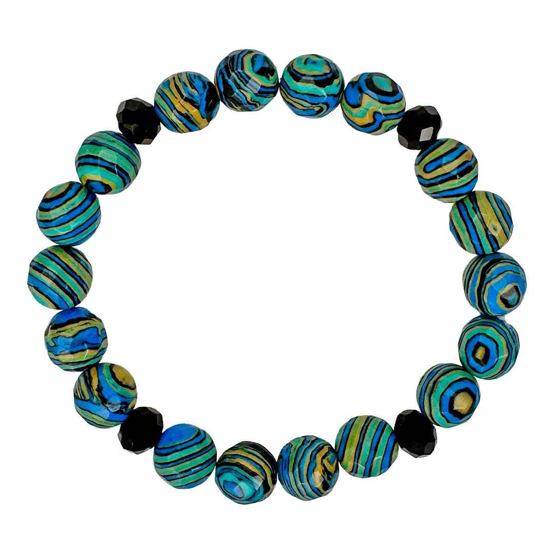 Blue, Green &amp; Yellow Striped Glass Stretch Bracelet - DL Jewelry Designs