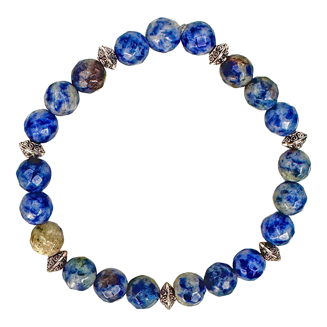 Blue &amp; Off-White Faceted Glass Stretch Bracelet - DL Jewelry Designs