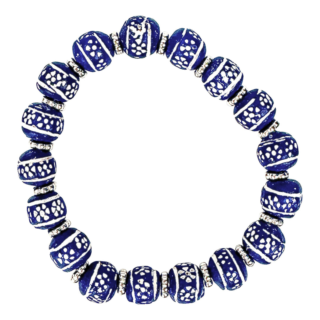 Blue &amp; White Floral Clay Bead Stretch Bracelet - DL Jewelry Designs