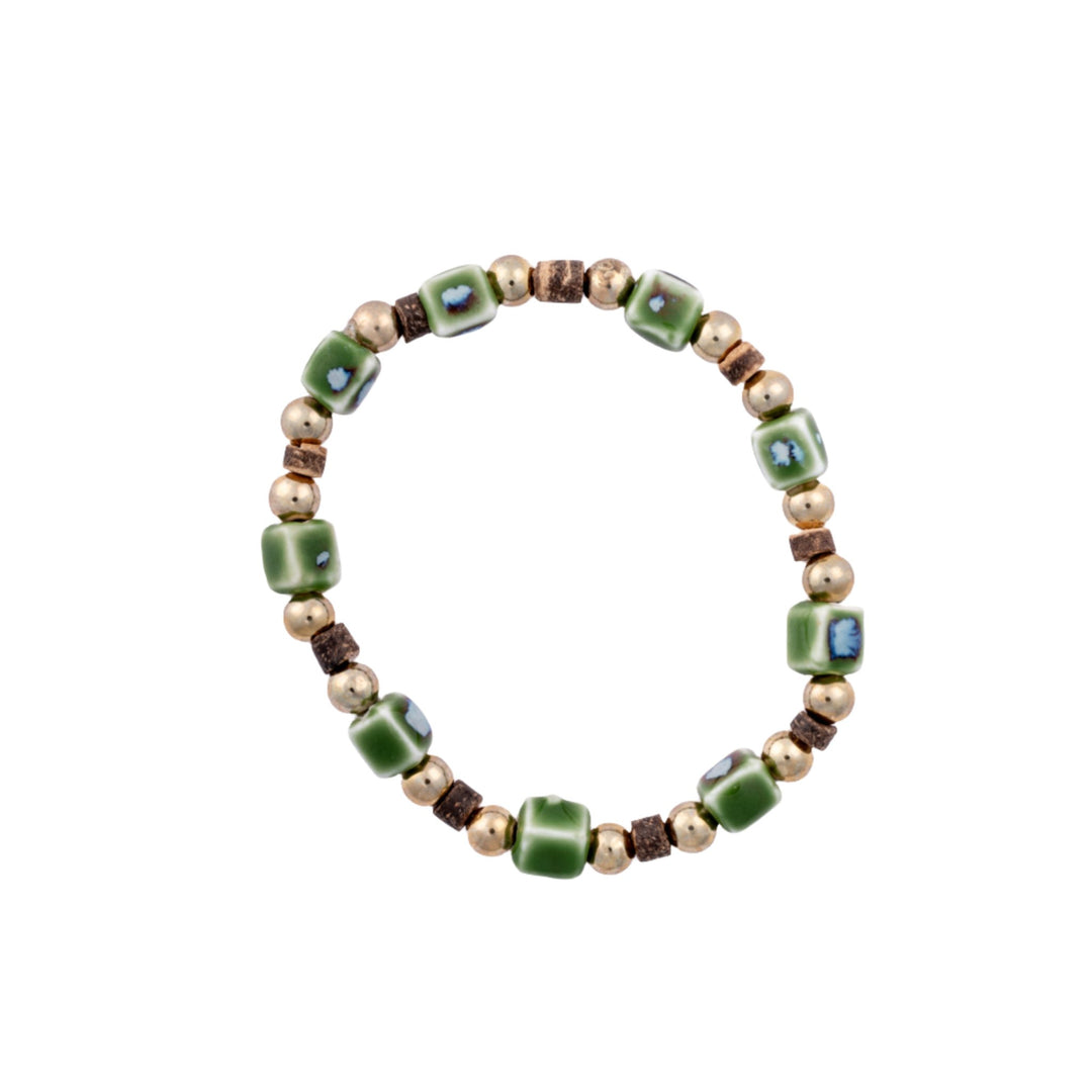 Ceramic Green, Gold Metal & Wood Bracelet - DL Jewelry Designs