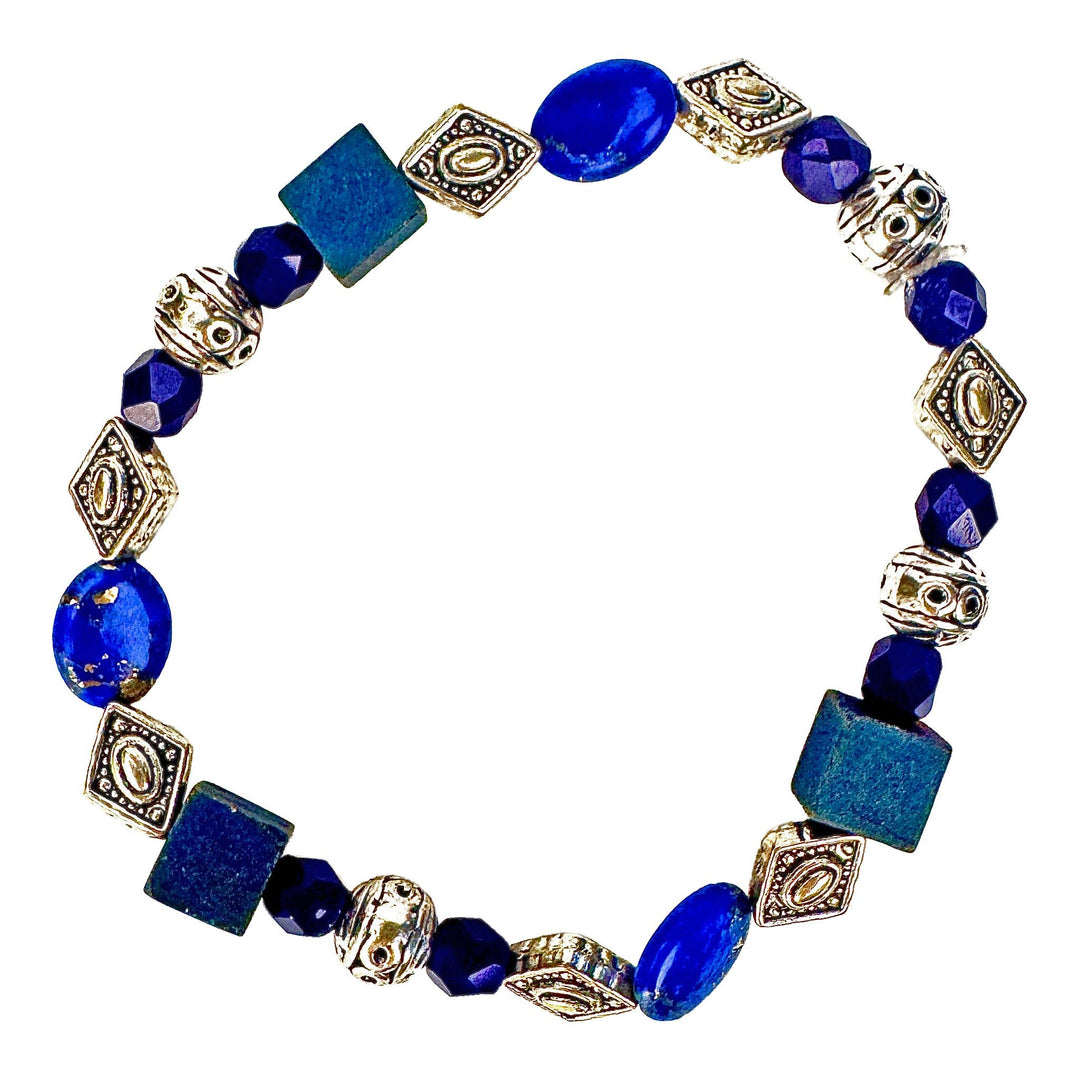 Cobalt Blue & Antique Silver-Tone Stretch Bracelet - DL Jewelry Designs