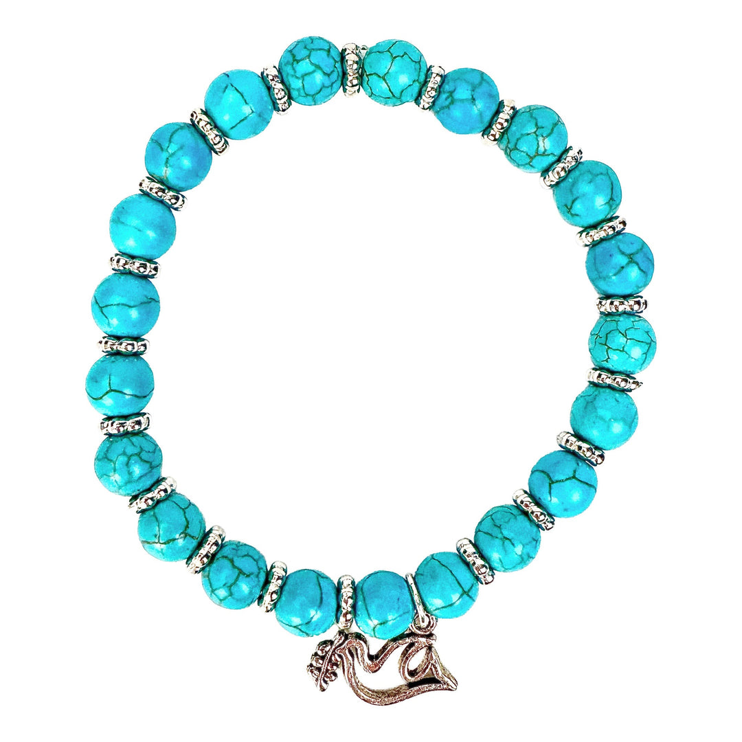 Crackled Turquoise Stone & Dove Charm Stretch Bracelet - DL Jewelry Designs