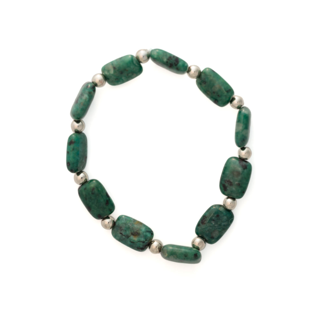 Dark Green Glass Long Beads w Silver Bracelet - DL Jewelry Designs