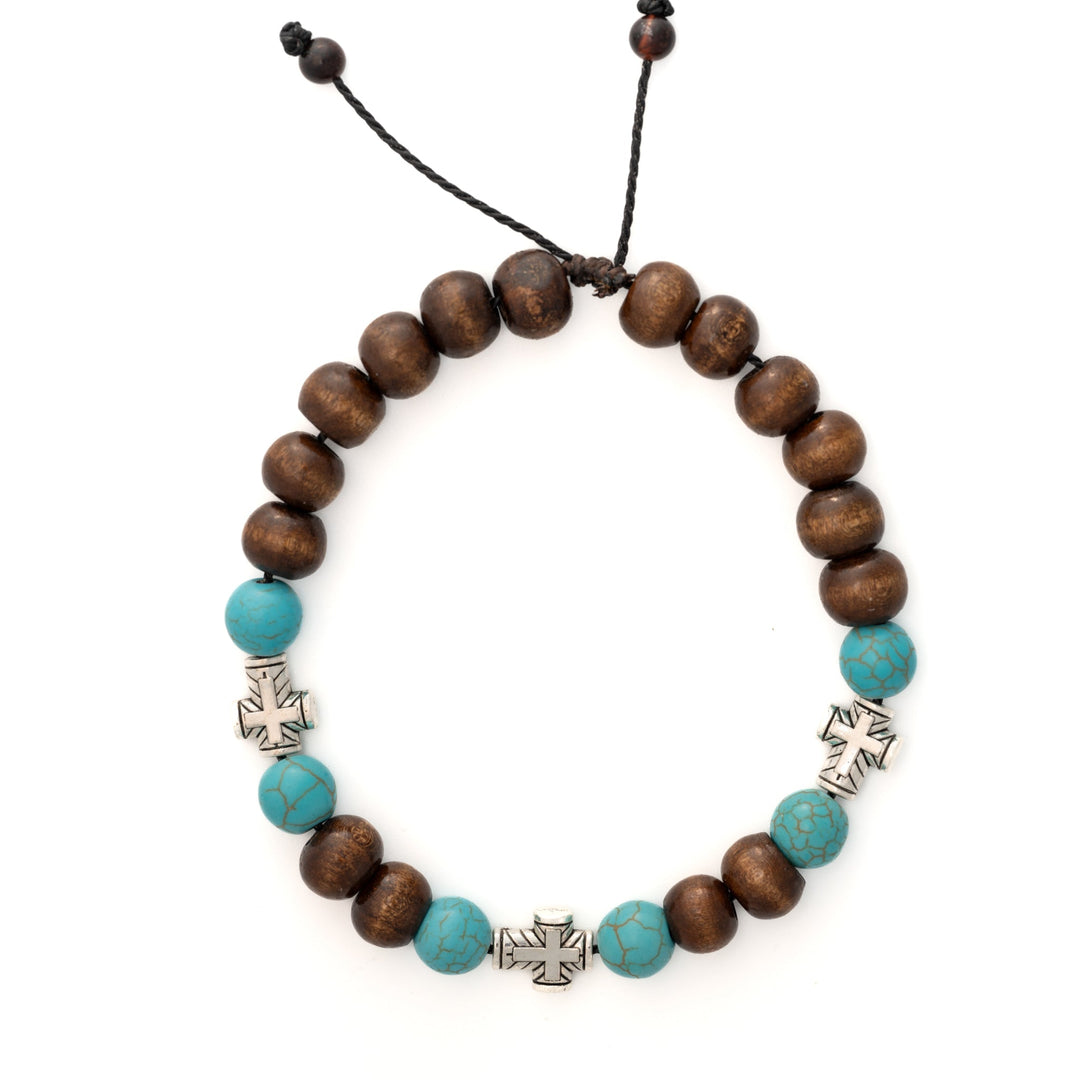 Dark Wood & Turquoise Stone w/ Cross Adjustable Bracelet - DL Jewelry Designs