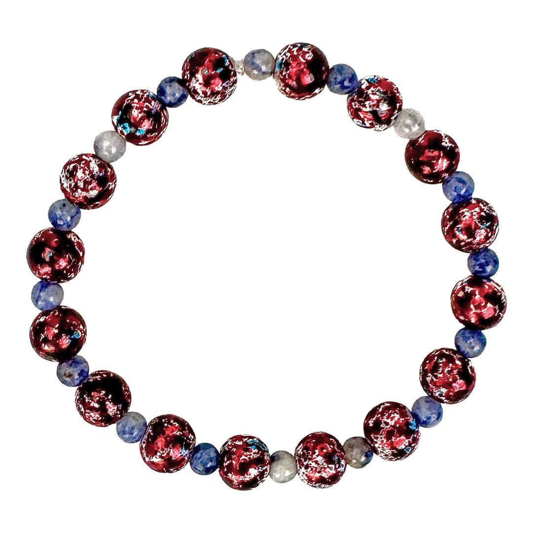 Festive Red &amp; Blue Glass Bead Stretch Bracelet - DL Jewelry Designs