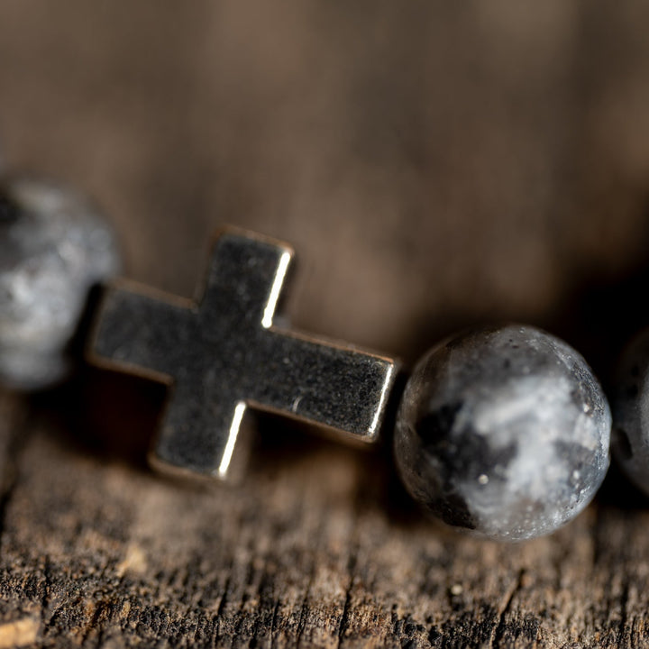 Gray & Black Stone w Silver Cross Bracelet - DL Jewelry Designs