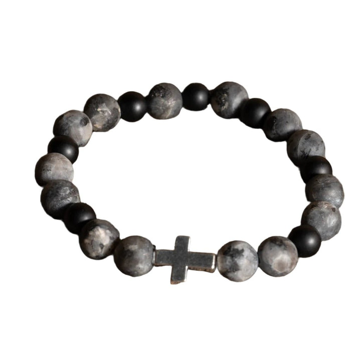 Gray & Black Stone w Silver Cross Bracelet - DL Jewelry Designs