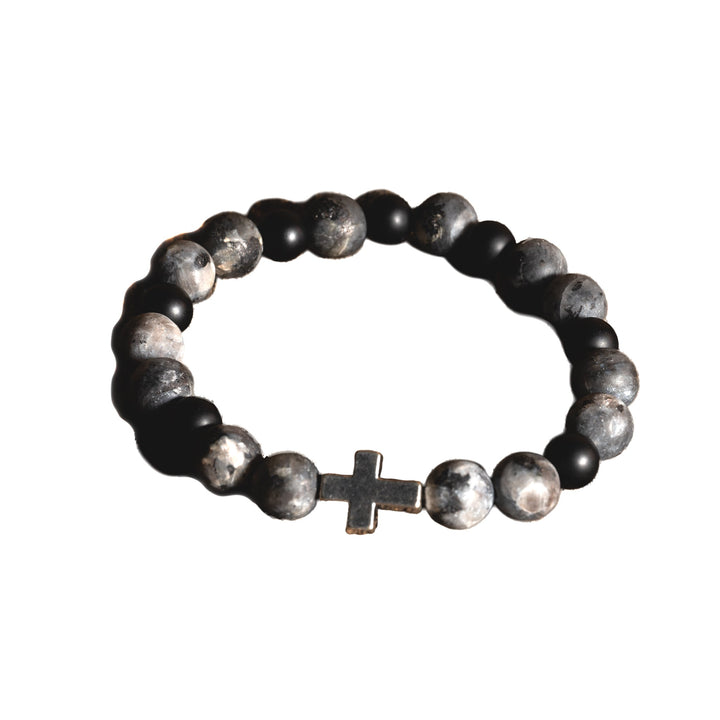 Gray & Black Stone w Silver Cross Bracelet - DL Jewelry Designs