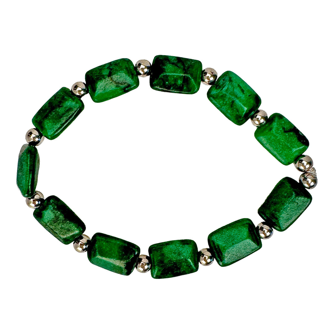 Green Glass Rectangular Bead &amp; Silver-Bead Stretch Bracelet - DL Jewelry Designs