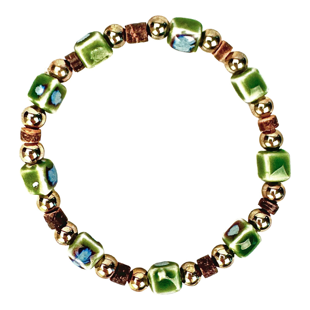 Green &amp; Gold Glass Cube Stretch Bracelet - DL Jewelry Designs
