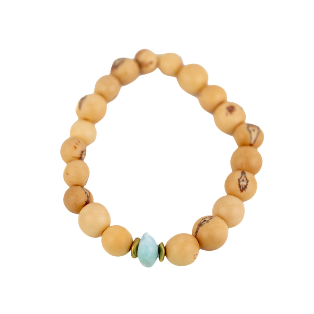 Light Wood Beads w/ Blue Stone Accent Bracelet - DL Jewelry Designs