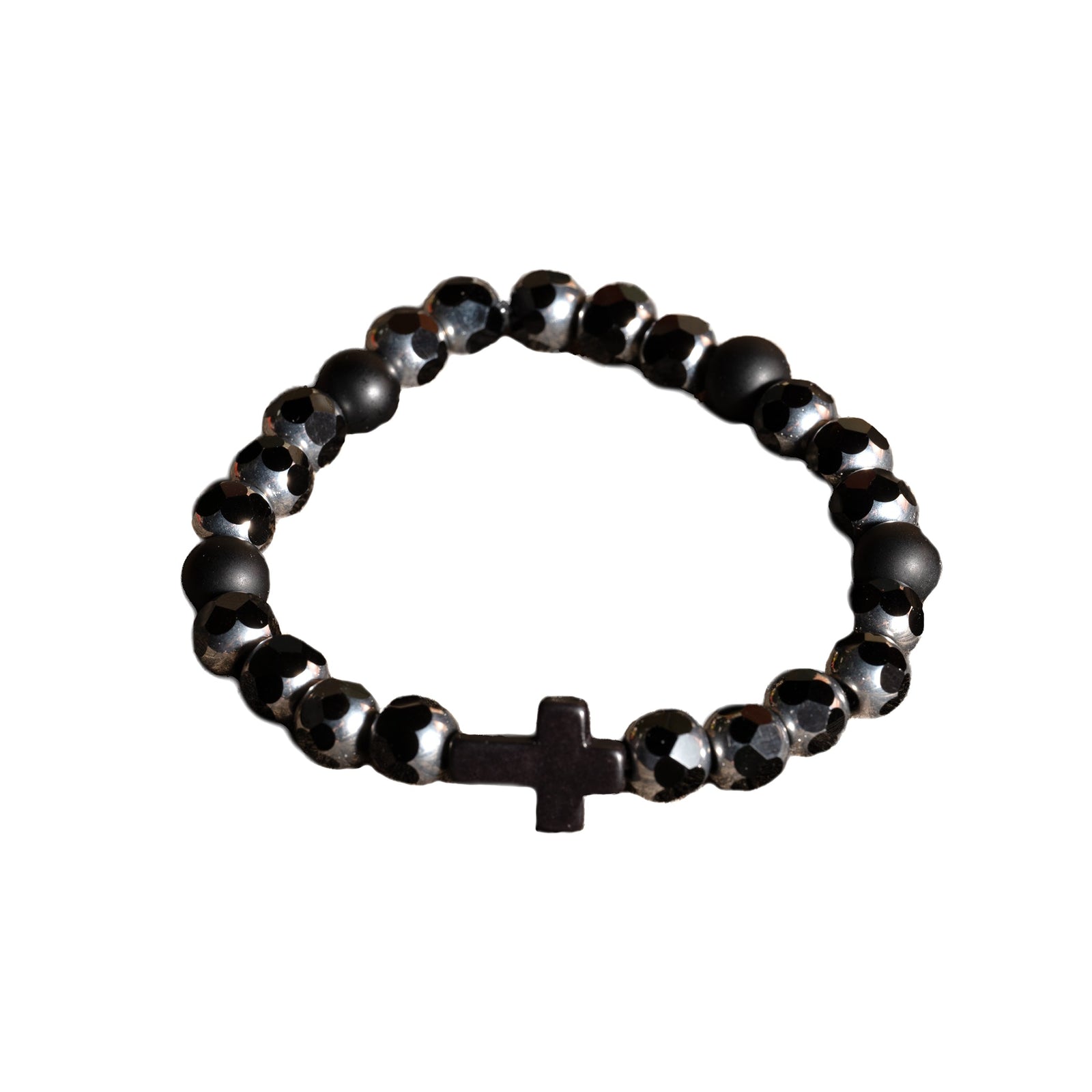 Metal Faceted Silver/Black w Stone Cross Bracelet - DL Jewelry Designs