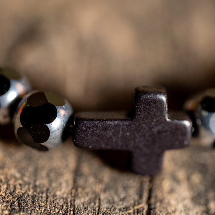 Metal Faceted Silver/Black w Stone Cross Bracelet - DL Jewelry Designs