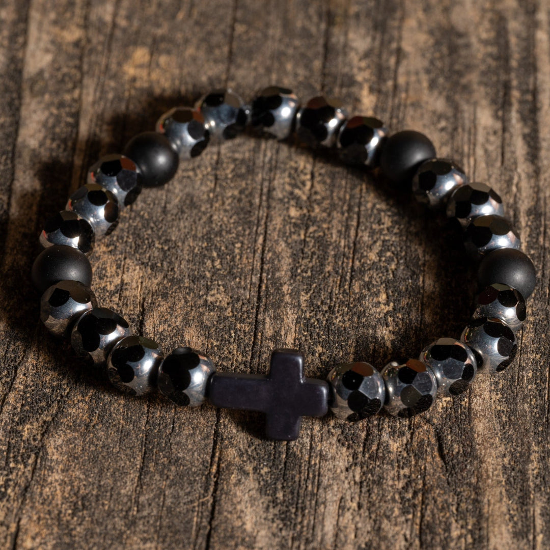 Metal Faceted Silver/Black w Stone Cross Bracelet - DL Jewelry Designs