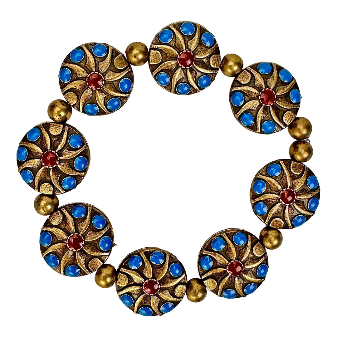 Ornate Blue & Antique Gold Metal Disc Stretch Bracelet - DL Jewelry Designs