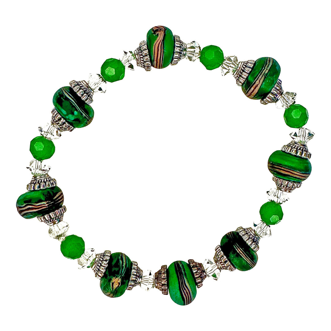 Ornate Green Glass & Clear Crystal Stretch Bracelet - DL Jewelry Designs