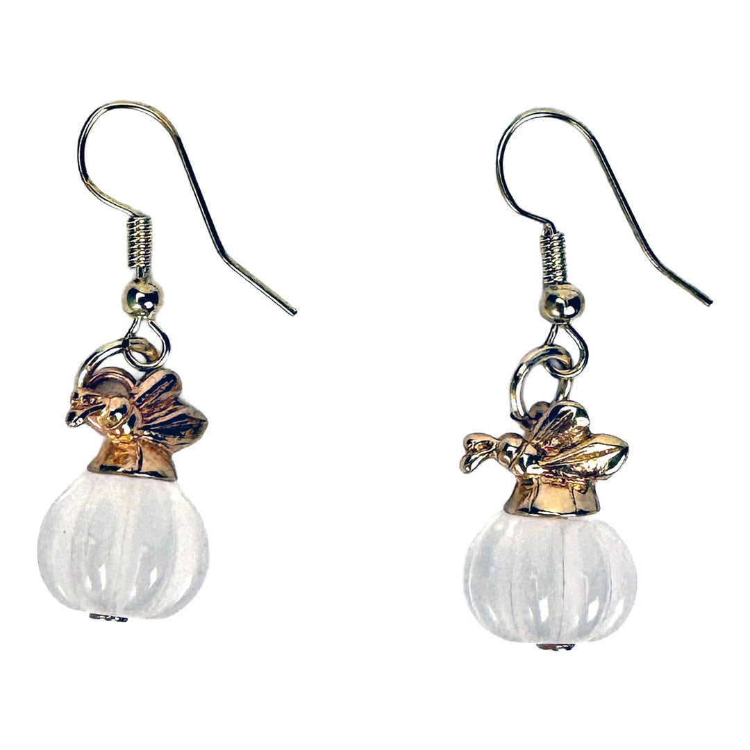Pearl-White Glass Orb Earrings w/ Golden Firefly Accents - DL Jewelry Designs