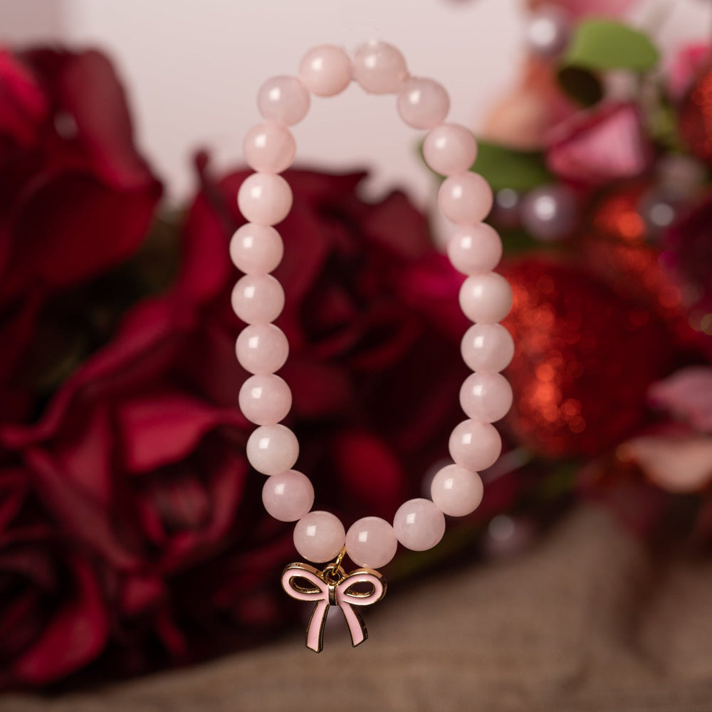 Pink Glass Bead with Bow Charm Bracelet - DL Jewelry Designs