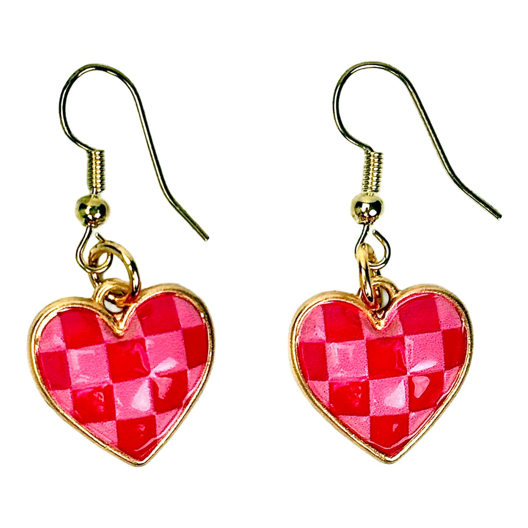Pink &amp; Red Checkered Ceramic Heart Dangle Earrings - DL Jewelry Designs