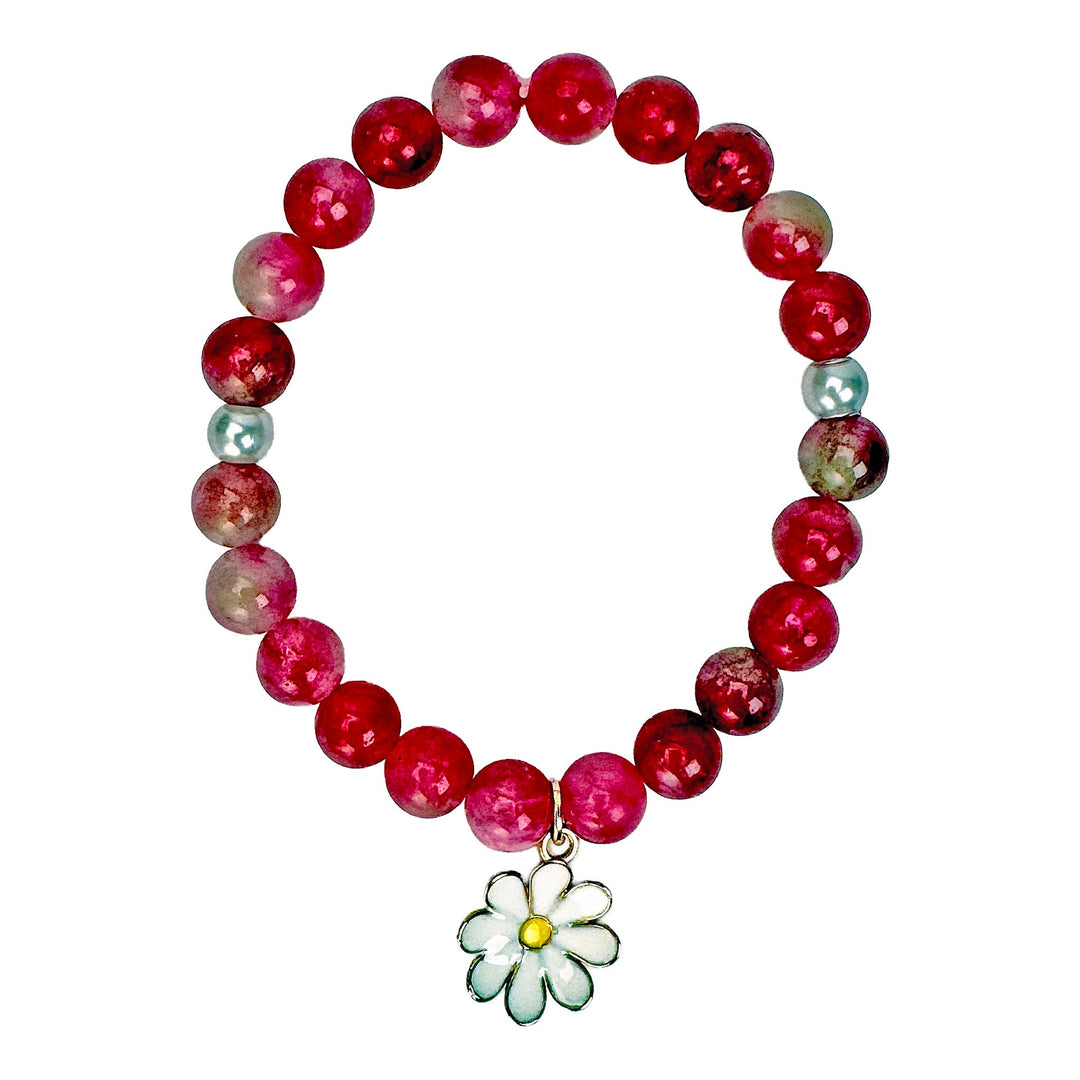 Pink &amp; Red Stone Daisy Charm Stretch Bracelet - DL Jewelry Designs
