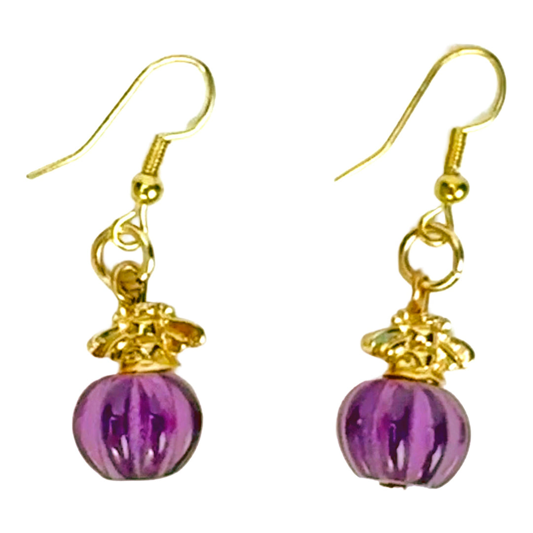 Purple Glass Orb Dangle Earrings w/ Golden Firefly Accents - DL Jewelry Designs