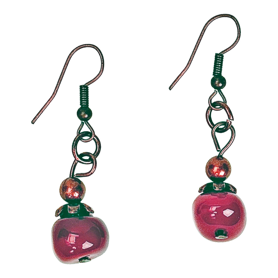Red Glass Orb Dangle Earrings w/ Bronze Metal - DL Jewelry Designs