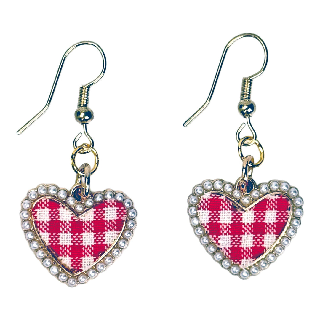 Red &amp; White Gingham Heart Earrings w/ Faux Pearl Beads - DL Jewelry Designs