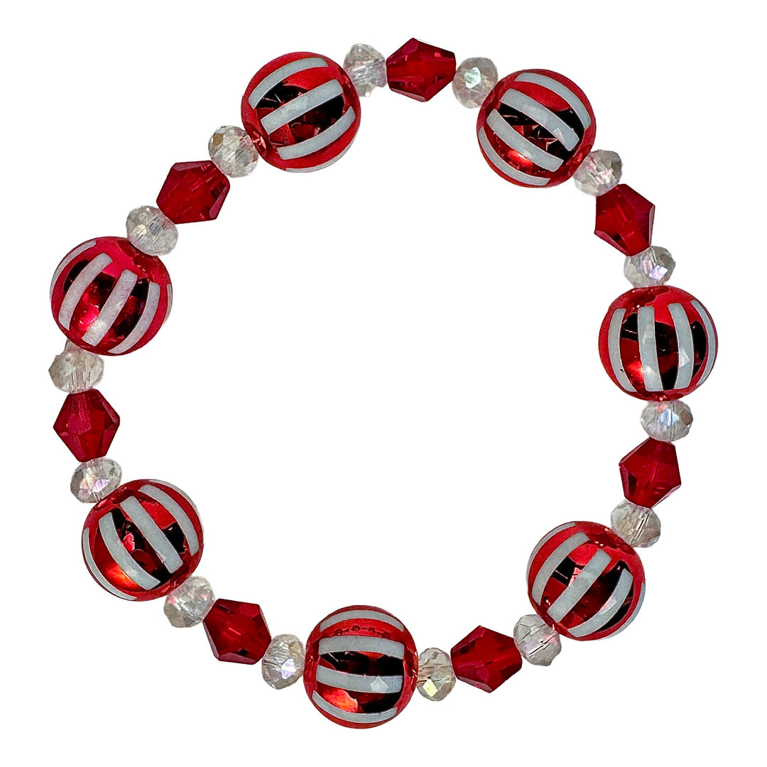 Red & White Striped Holiday Glass Stretch Bracelet - DL Jewelry Designs