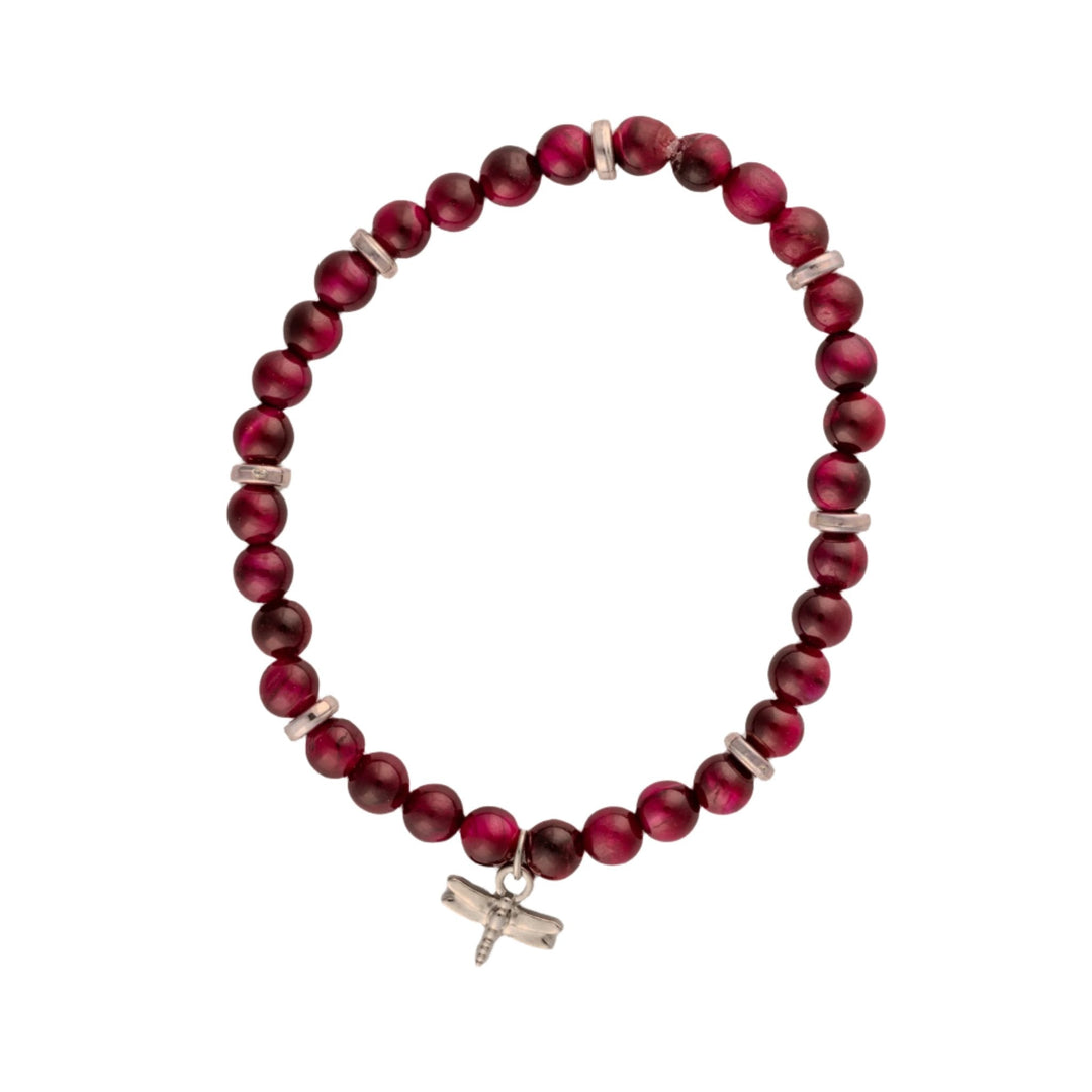 Ruby Red Stone Bead Bracelet w/ Dragonfly Charm - DL Jewelry Designs