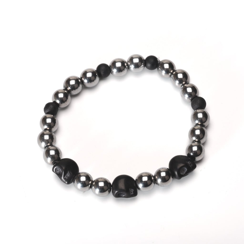 Silver Hematite & Black Stone Skull Bracelet NEW - DL Jewelry Designs