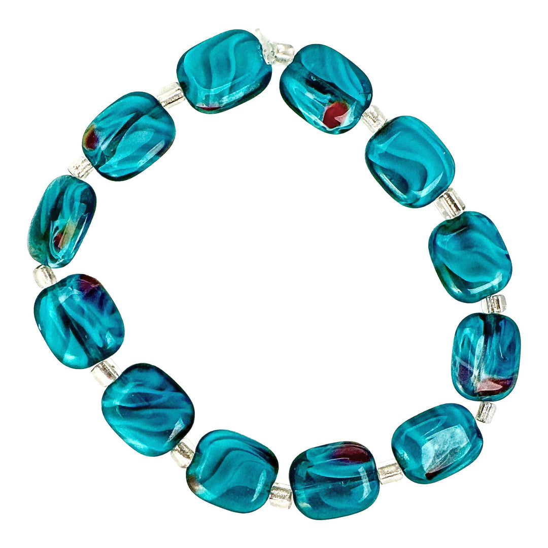 Teal Blue Glass Rectangle Bead Stretch Bracelet - DL Jewelry Designs