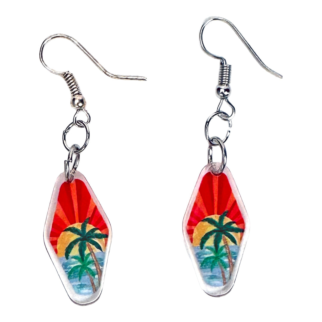 Tropical Sunset & Palm Tree Glass Dangle Earrings - DL Jewelry Designs